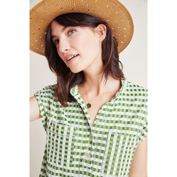 Eva Franco Anthropologie Drawstring hem Gingham Light Green Top Knit Blouse - Picture 2 of 8
